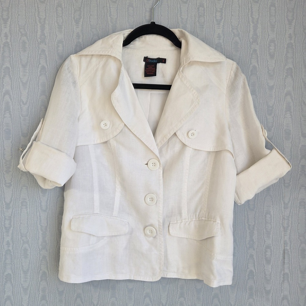 Vtg Y2K D Studio Womens 6 Shacket 100% Linen White Shirt‎ Jacket Tailored Safari